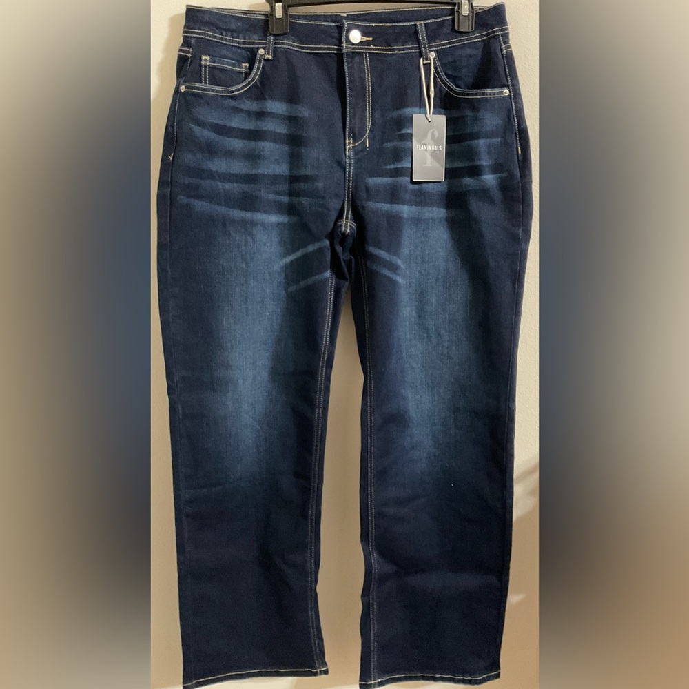 NWT - Flamingals Dark Wash Mid Rise Straight Leg Jeans, Sz 2XL